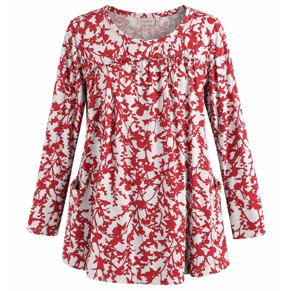 LOGO LORI GOLDSTEIN Red Floral Vine Motif Long-Sleeve Tunic with Pockets, Large